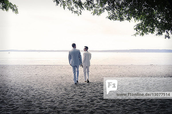 Rear view of gay couple walking towards beach against clear sky