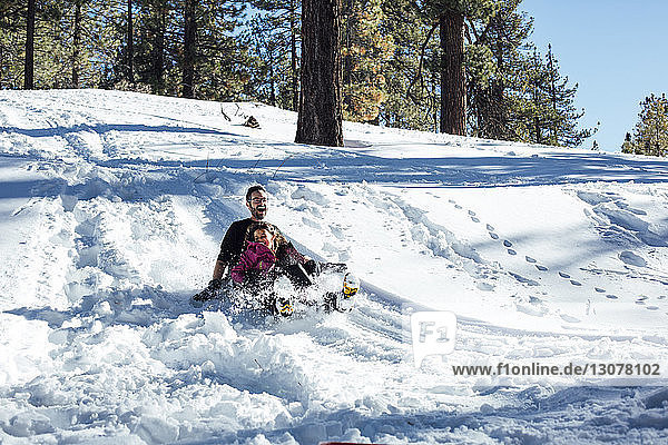 Father and daughter tobogganing on snow covered field in forest