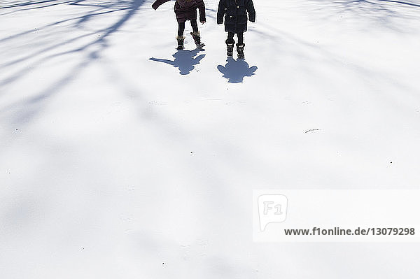 Low section of sisters walking on snow covered field