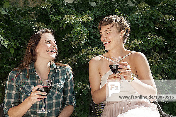 Happy friends enjoying wine while sitting on chair in yard