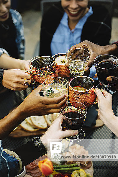 Cropped image of happy friends toasting drinks in backyard