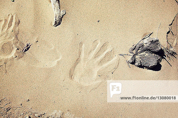 Draufsicht eines Handabdrucks auf Sand am Strand
