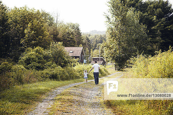 Rückansicht einer Enkelin mit Großvater  die auf einem Feldweg mitten im Gras geht