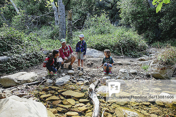 Vater zeigt Kindern Felsen  während er am Bach im Wald kauert