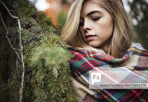 Close-up of woman wrapped in scarf standing by branch