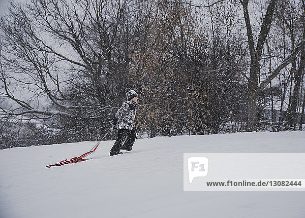 Side view of boy pulling sled while walking on snowy field against bare trees