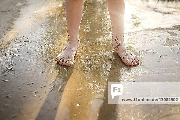 Niedriger Teil eines Mädchens auf nasser Straße stehend