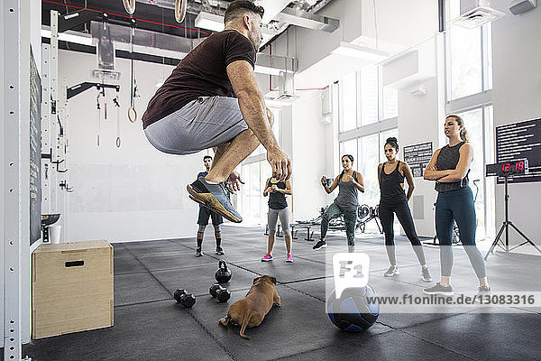 Instructor teaching athletes while dog lying in crossfit gym
