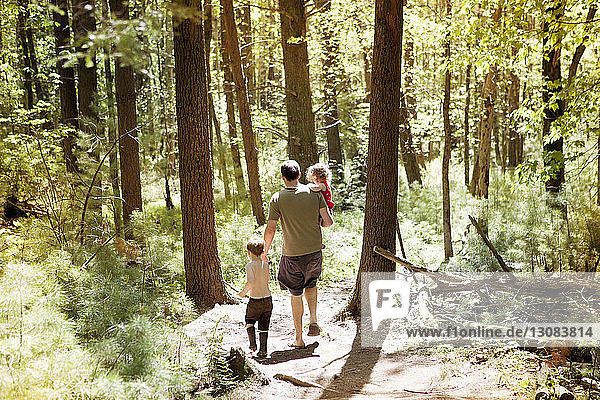 High angle view of father with son and daughter walking on dirt road amidst forest