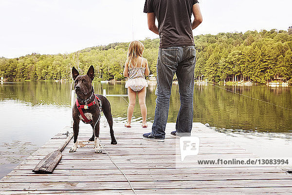 Rückansicht eines Mädchens und eines Vaters mit Hund beim Angeln im See im Stehen auf dem Pier