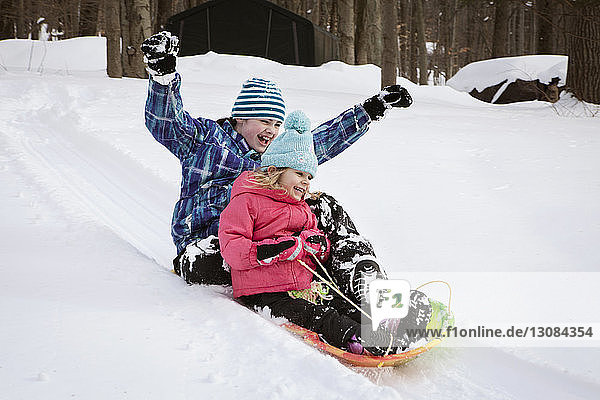 Siblings enjoying on sledge at snow covered field