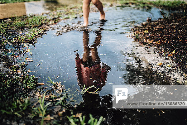 Low section of girl standing in puddle