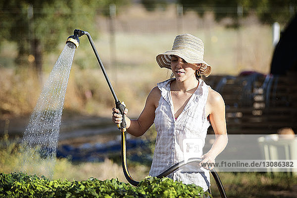 Junge Bäuerin bewässert Pflanzen auf dem Feld