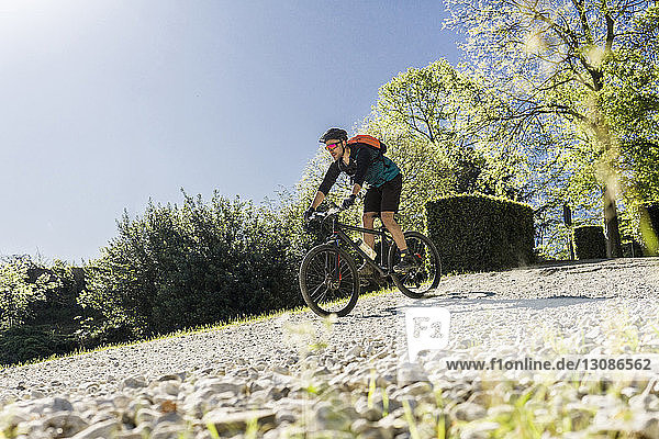 Ebenerdige Aufnahme eines jungen Mannes auf einem Mountainbike im Park während eines sonnigen Tages