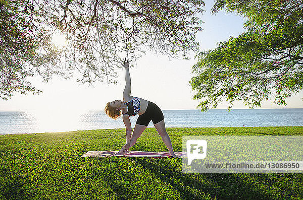 Frau praktiziert Yoga im Park gegen Meer und klaren Himmel