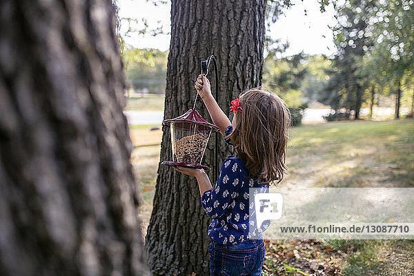 Im Hof stehendes Mädchen hängt Vogelfutterhäuschen am Baumstamm