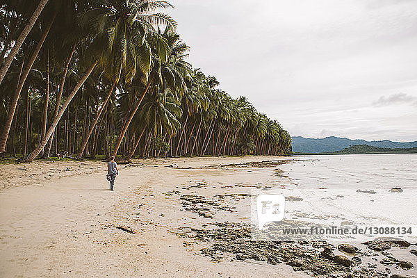 Rückansicht einer Frau  die am Strand an Kokosnusspalmen gegen den Himmel läuft