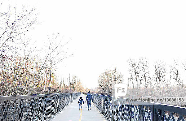 Rückansicht von Vater und Sohn beim Gehen auf der Brücke bei klarem Himmel