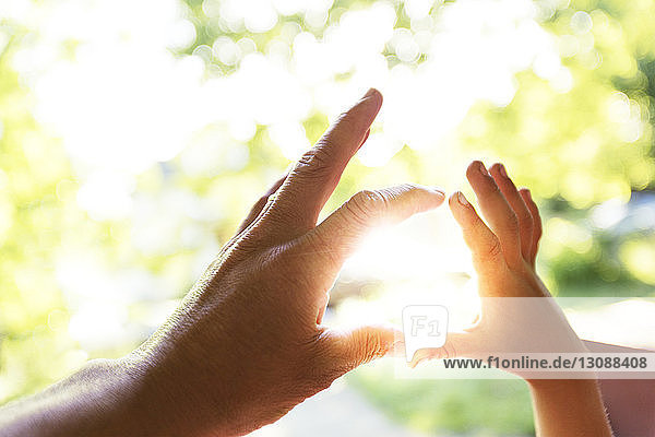 Vater und Kind machen berührende Hände gegen das Sonnenlicht