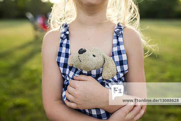 Midsection of girl holding stuffed toy in dress on field at backyard