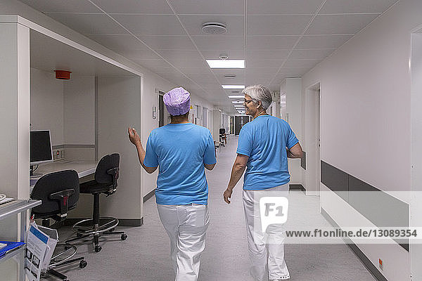 Rear view of female doctors discussing while walking in hospital corridor