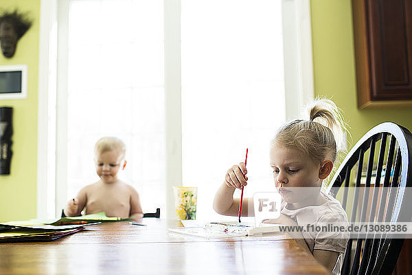 Siblings painting by table at home