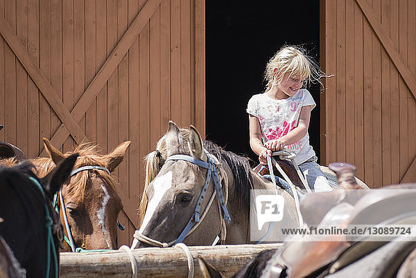 Mädchen reitet Pferd im Stall