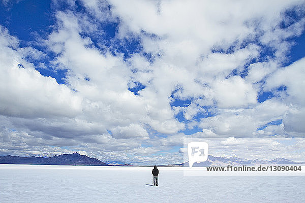 Rückansicht eines Mannes  der auf einem verschneiten Feld vor bewölktem Himmel steht
