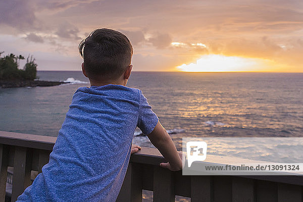 Rear view of boy looking at sea while standing by railing on pier during sunset