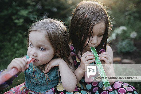 Sisters looking away while sucking plastic tube popsicles at yard
