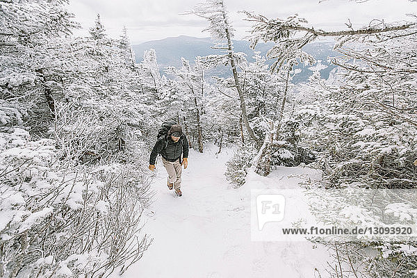 Full length of hiker walking in forest during winter