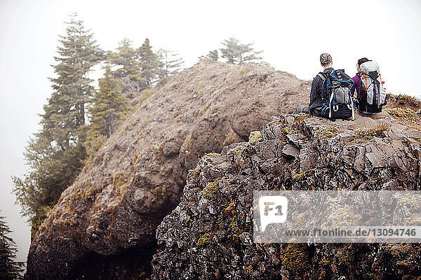 Rear view of couple with backpacks sitting on mountain