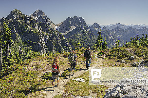 Rear view of friends hiking at North Cascades National Park against clear sky