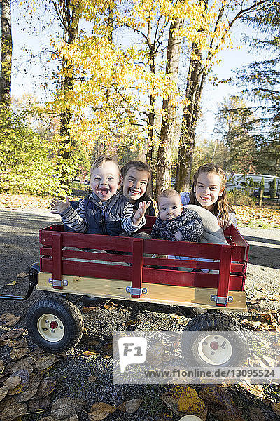Portrait of girls standing by siblings sitting in wagon at park