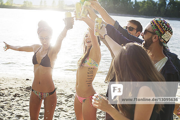 Cheerful friends toasting cans while enjoying at riverbank