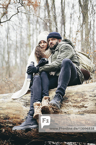 Couple sitting on fallen tree at forest