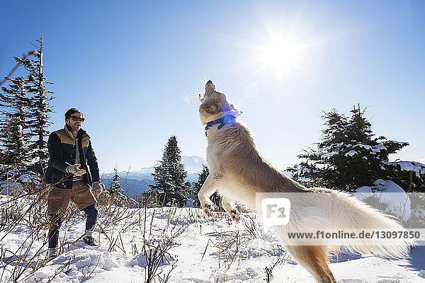 Man playing with dog on snowcapped mountain against sky