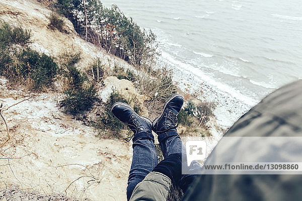High angle view of man at beach during winter