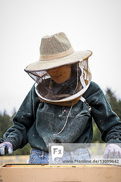 Bienenzüchterin arbeitet gegen den klaren Himmel auf dem Bauernhof