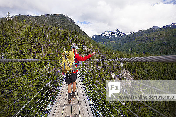 Rear view of hiker with backpack crossing footbridge amidst forest
