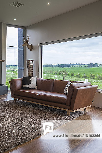 Couch auf Teppich gegen heimische Landschaft durch Fenster gesehen