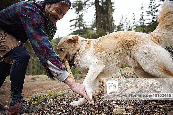 Glücklicher Mann spielt mit Hund im Wald