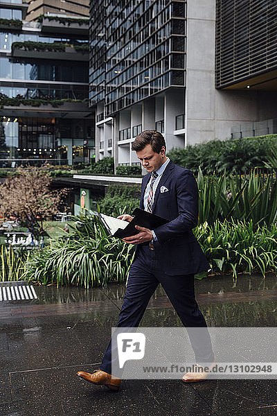 Businessman walking while reading documents on wet footpath in city