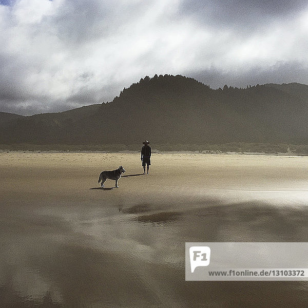 Mann mit Hund allein am Strand