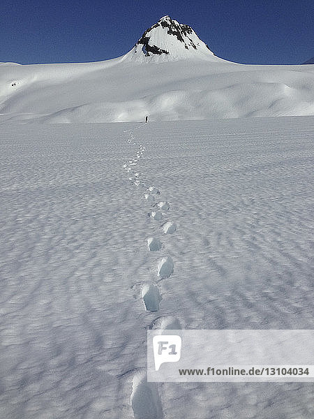 Footprints in snow of Colony Glacier  Knik Valley  Anchorage  Alaska  USA