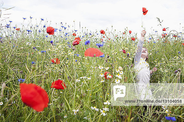 Girl playing in field of wildflowers