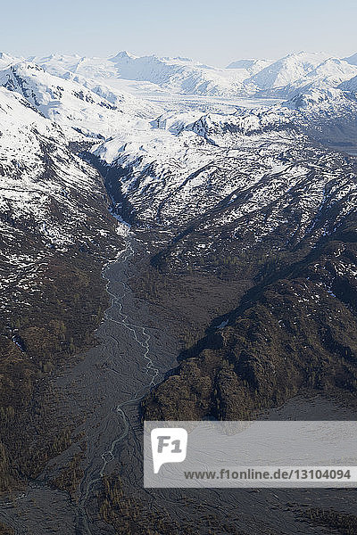 Snowy mountains and Colony Glacier  Knik Valley  Anchorage  Alaska  USA