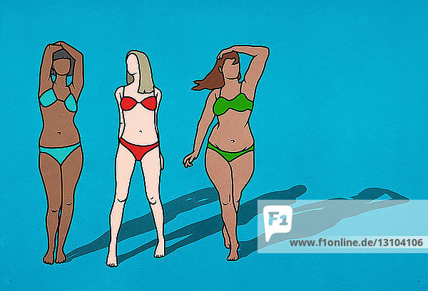 Frauen mit verschiedenen Körpern in Bikinis auf blauem Hintergrund