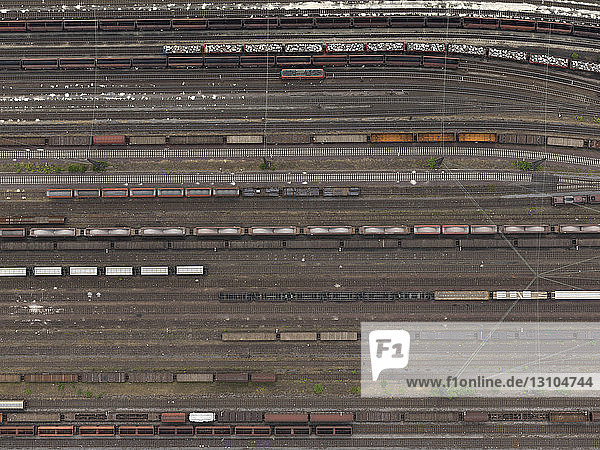 Aerial view trains at shunting yard near Cologne  North Rhine-Westphalia  Germany