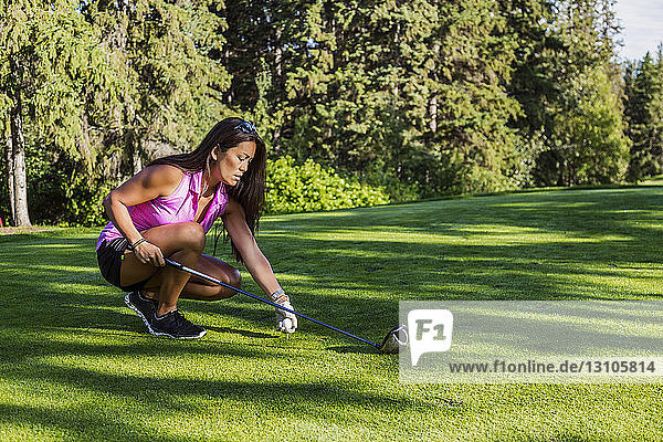 Eine Golferin legt einen Golfball auf ein Tee und macht sich mit ihrem Driver bereit zum Abschlag; Edmonton  Alberta  Kanada